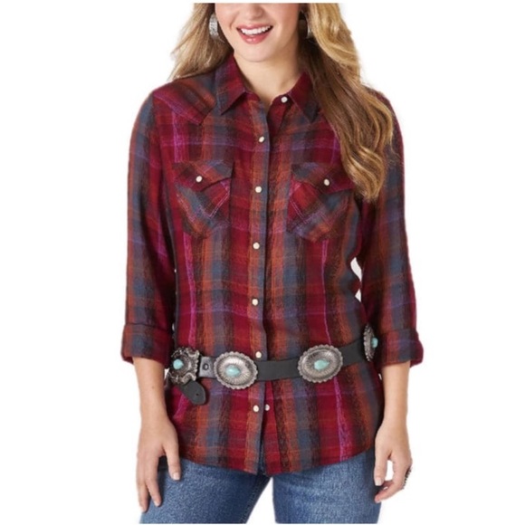 Wrangler Tops - Wrangler | Pearl Snap Retro Flannel Purple Plaid Western Shirt Medium